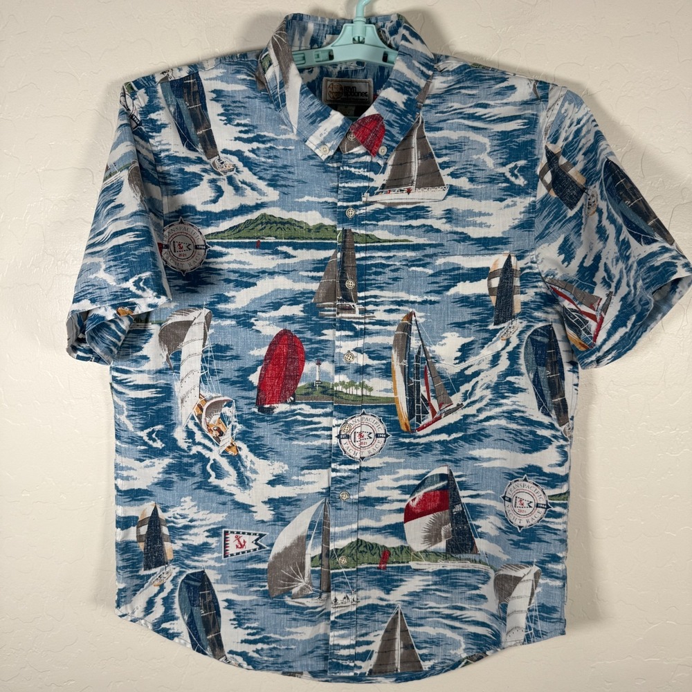 Reyn Spooner Shirt Mens Medium Blue Transpacific Yacht Race Hawaiian Camp